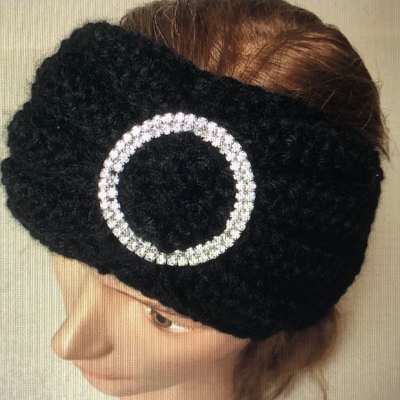 Ear warmer headband handmade black w/ rhinestone’s - Picture 1 of 2